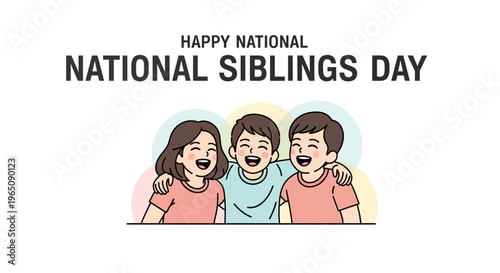Illustration of three happy siblings with arms around each other on National Siblings Day with colorful background