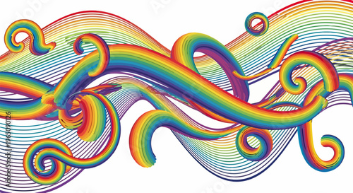 Abstrakte bunte Regenbogenwellen und dynamische 3D-Wirbel auf weißem Hintergrund als kreatives Designelement für moderne Hintergründe.