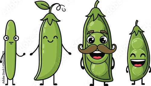 Cute Pea Pod Cartoon Vector Collection with Funny Green Vegetable Characters for Kids Food Illustration Healthy Eating Design and Agriculture Graphics