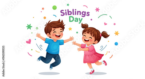 A cheerful illustration of a brother and sister celebrating National Siblings Day with colorful confetti and a joyful atmosphere.
