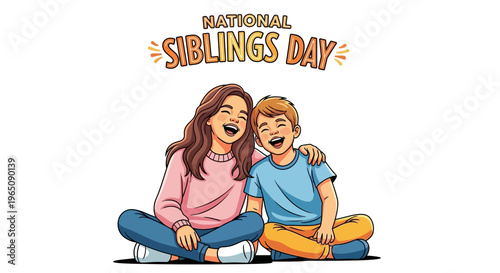 A cheerful brother and sister sit together on the floor, smiling at each other on National Siblings Day, with a colorful illustration style and a joyful mood against a clean white