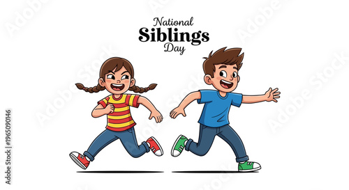 Illustration of a happy brother and sister running together in a playful and energetic mood with colorful outfits on a clean white background for National Siblings Day.