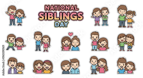 Illustrations of happy siblings in various poses on National Siblings Day with colorful designs and a heart symbol on a white background.