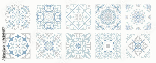 Set of 10 tiles azulejos. Mediterranean tile, pastel seamless patterns. Spanish, Sicilian, Portuguese, Italian traditional ornaments. Set of floral mosaic designs with ethnic motifs. vector