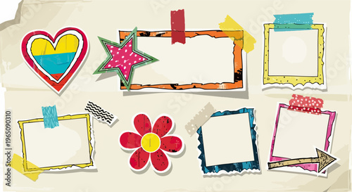 Bunte handgezeichnete Scrapbook-Elemente mit Fotorahmen, einem Herz in Kolumbien-Farben, Blumen und Washi-Tape auf strukturiertem Papierhintergrund.