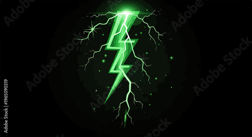 Ein stilisierter grüner Blitz mit elektrischen Entladungen und leuchtenden Funken auf einem schwarzen Hintergrund als Symbol für Energie.