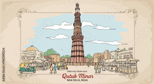 Historische Postkarte mit einer handgezeichneten Illustration des Qutub Minar in Neu-Delhi, Indien, inklusive Rikscha und Marktplatzszene.