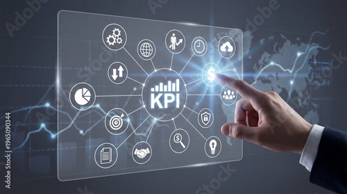 KPI business metrics dashboard with hand interacting touchscreen displaying key performance indicators and icons