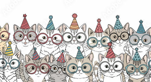 Eine Gruppe von niedlichen handgezeichneten Katzen mit bunten Partyhüten und Brillen feiert eine fröhliche Geburtstagsparty auf weißem Hintergrund.