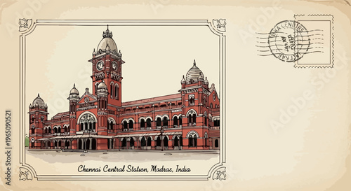 Vintage-Postkarte mit einer kunstvollen Zeichnung des Chennai Central Bahnhofs in Madras, Indien, inklusive historischem Stempel und Rahmen.