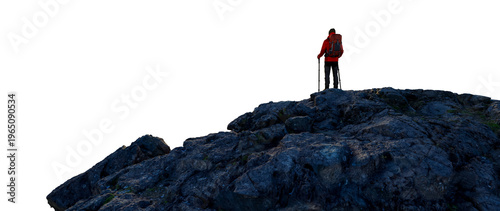 Foto Hiker With Backpack Standing On Rocky Peak Looking Out Over Wilderness Horizon
