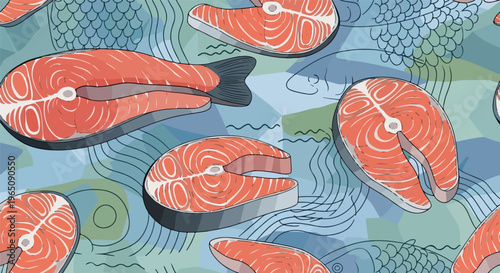 Nahtloses Muster mit frischen Lachssteaks und abstrakten Fischumrissen auf einem blauen Hintergrund für Textildesign und Hintergründe.