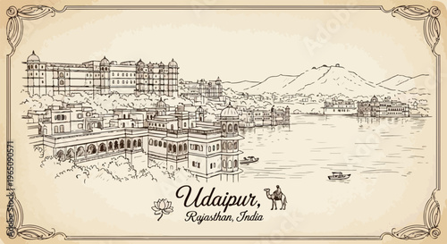Handgezeichnete Skizze des Stadtpalastes von Udaipur am Pichola-See in Rajasthan, Indien, im klassischen Vintage-Stil mit dekorativem Rahmen.