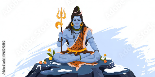 Shiva, Hindu God, Vector Illustration, Meditating Lord Shiva, Blue Skin, Orange Sash