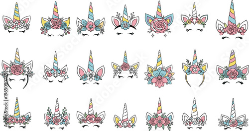 Cute Unicorn Face Floral Collection Vector Set with Rainbow Horns Flowers and Cartoon Fantasy Characters for Kids Party Design Nursery Decor and Prints
