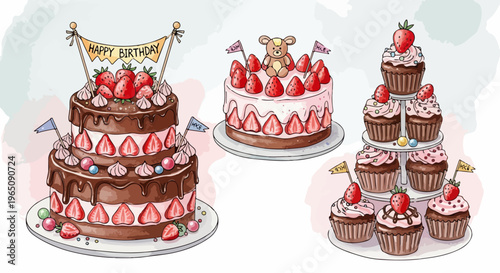 Handgezeichnete Illustration von Geburtstagstorten, einer Schokoladentorte mit Erdbeeren, einer Torte mit Teddybär und einer Etagere voller Cupcakes.