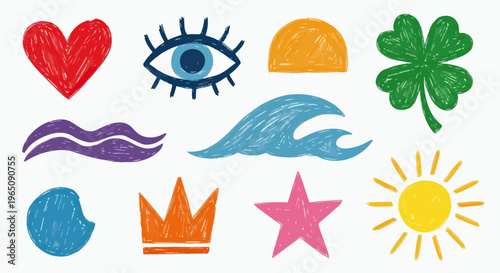 Bunte handgezeichnete Symbole wie Herz, Auge, Sonne und Kleeblatt im Malstift-Stil auf weißem Hintergrund als kreative Illustration.