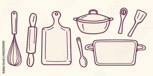 A collection of kitchen utensils displayed as a simple silhouette