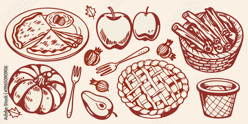 Autumn harvest still life featuring pies fruit and spices silhouette