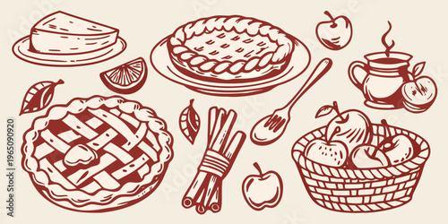 A collection of autumnal pies apples and utensils hand drawn silhouette