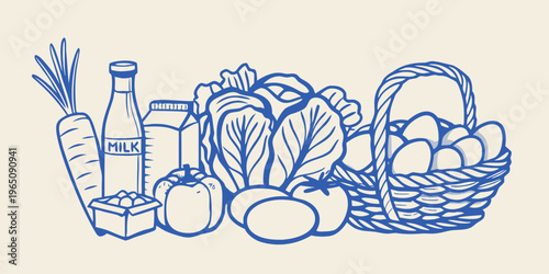 A collection of fresh produce and dairy in blue line art silhouette