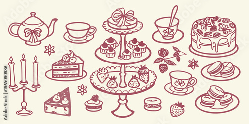 A delightful afternoon tea arrangement with cakes and sweets silhouette
