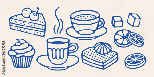 A delightful collection of desserts and beverages in blue silhouette