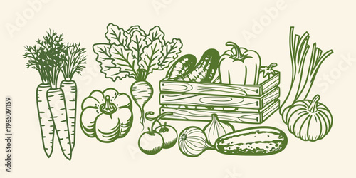 Fresh vegetables arranged in a wooden crate sketch style silhouette