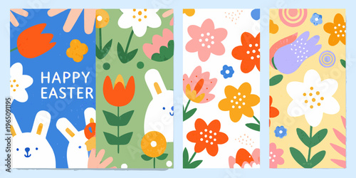 Colorful easter floral patterns with rabbits and a text silhouette