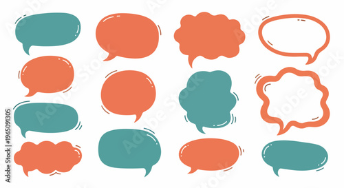 Colección de globos de texto dibujados a mano en colores coral y verde azulado para diseño de comunicación y mensajes de redes sociales.