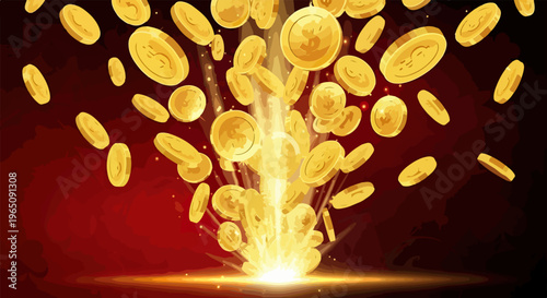 Explosión dinámica de monedas de oro brillantes saltando desde un haz de luz central sobre un fondo rojo oscuro elegante y lujoso.