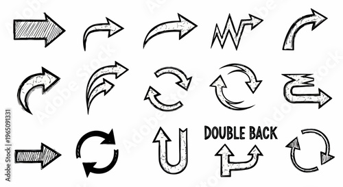 Colección de flechas dibujadas a mano en estilo boceto negro sobre fondo blanco, ideales para infografías, presentaciones y diseño creativo.