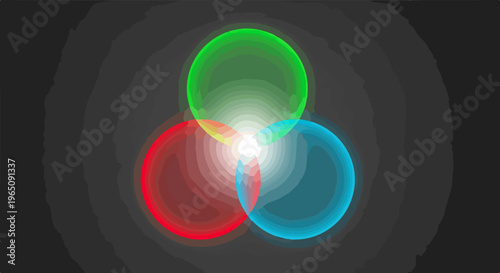 Ilustración abstracta de tres esferas luminosas en colores rojo verde y azul que se cruzan para formar luz blanca pura sobre un fondo negro mate.
