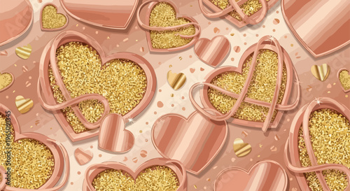 Fondo elegante de corazones en oro rosa con purpurina dorada y cintas decorativas para San Valentín y celebraciones románticas de lujo.