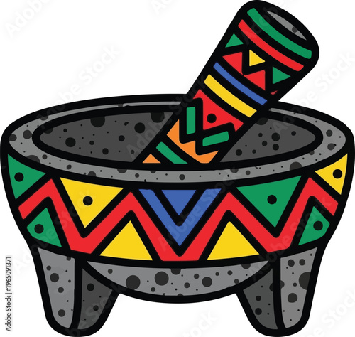 Vibrant mortar and pestle featuring bold geometric patterns and vivid colors, symbolizing cultural artistry and traditional craftsmanship Vector