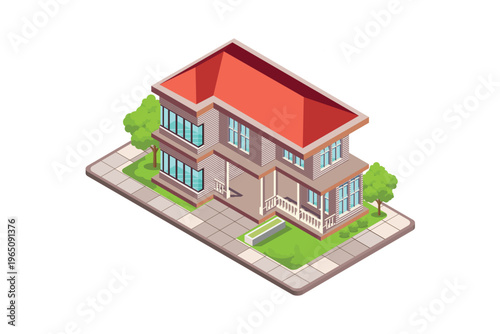 Isometric vector illustration of a contemporary two-story suburban house. The building features a prominent red roof, balcony, large windows, and a welcoming porch. The exterior includes a neat green 