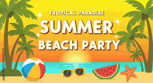Cartel de fiesta de verano en la playa con palmeras, atardecer tropical, pelota inflable, gafas de sol y sandía en un estilo de diseño vectorial.