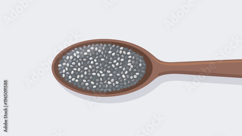 A wooden spoon filled with chia seeds on a plain background