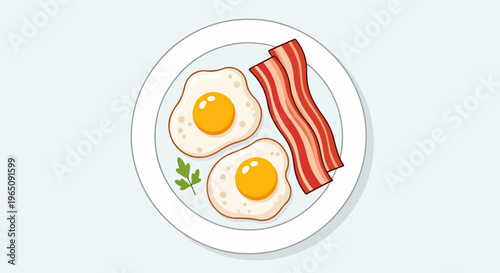 Un plato de desayuno clásico que contiene dos huevos fritos con yema amarilla y tiras de tocino ahumado, representado en un estilo de diseño plano.