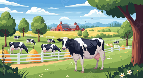 Illustration of cows grazing in a fenced pasture with a farmhouse and mountains in the background under a blue sky.