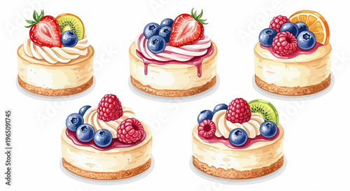 Set de cinco mini tartas de queso gourmet decoradas con frutas frescas como fresas, arándanos y frambuesas sobre fondo blanco aislado.