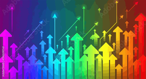 Fondo abstracto con múltiples flechas de colores brillantes apuntando hacia arriba representando crecimiento económico y éxito.
