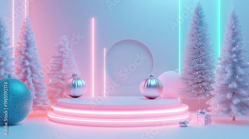 Futuristic Christmas scene with neon glow and pastel tones modern minimal holiday aesthetic