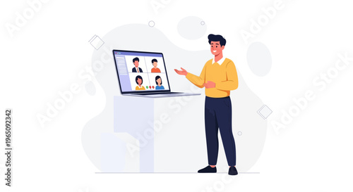 Man in video conference call, online meeting, remote work, digital communication, flat design
