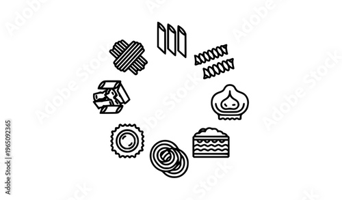 Modern pasta outline icon collection in circular layout with spaghetti penne fusilli ravioli tortellini macaroni and lasagna