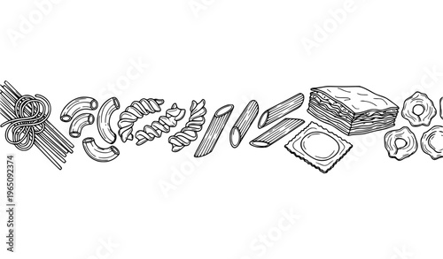 Hand drawn pasta line icons with spaghetti fusilli penne ravioli tortellini macaroni and lasagna in organic outline style
