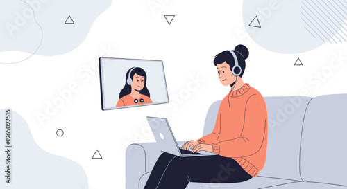 Woman on Sofa with Laptop Video Calling Friend with Headphones