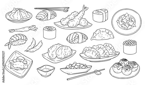Sketch style Japanese appetizer food outline illustration with sushi gyoza tempura and edamame hand drawn vector collection