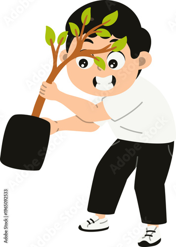 Anak Mengangkat Bibit Pohon untuk Ditanam