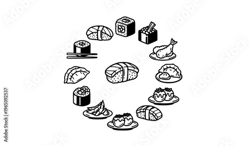Japanese appetizer food outline icon set in circular layout with sushi tempura gyoza edamame and takoyaki vector illustration